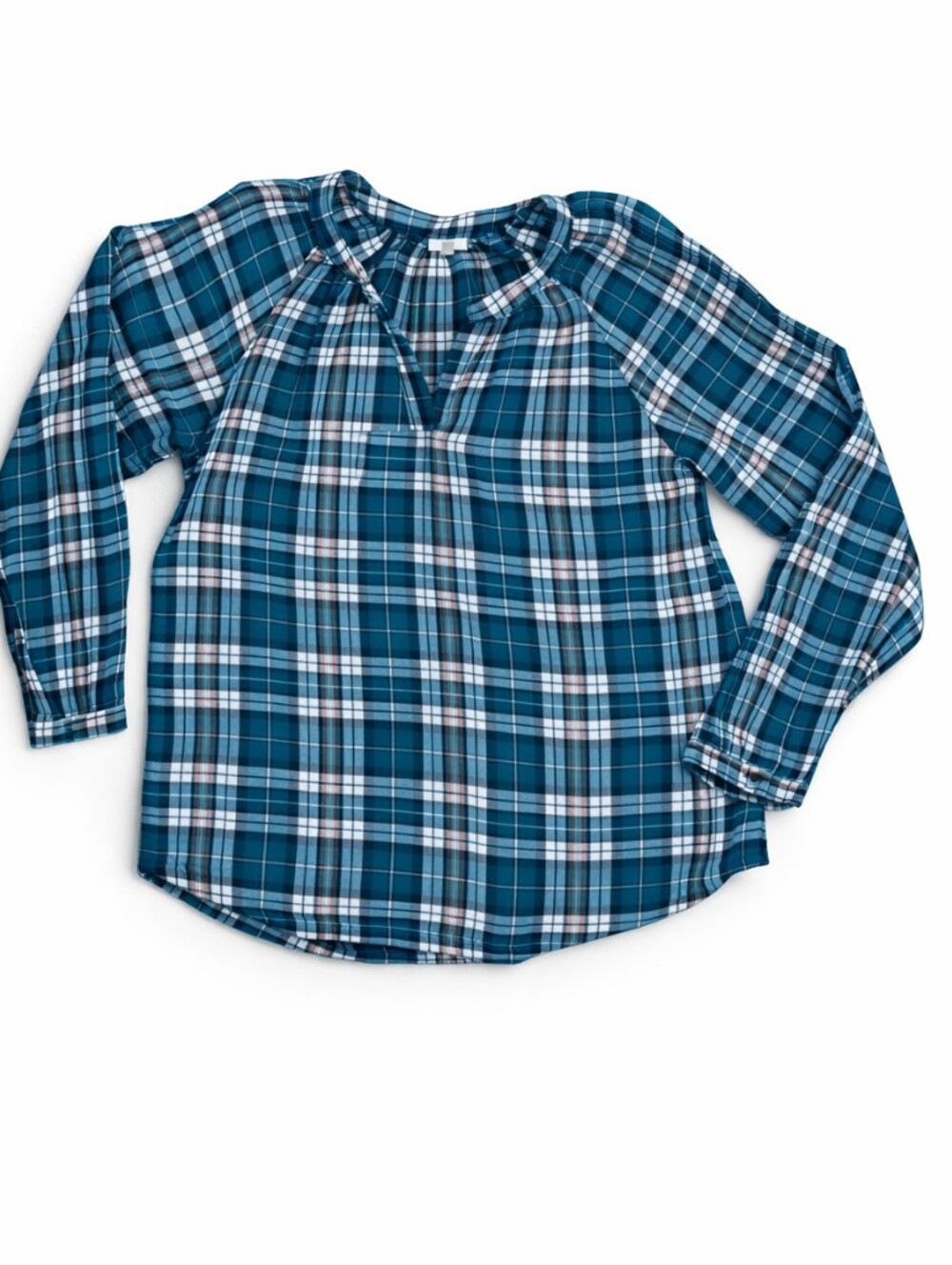 Garnet Hill Organic Cotton Deep Teal Plaid Long Sleeve Blouse Size XL